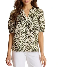Tommy Bahama Knit Leopard Print Split V-Neck Short Sleeve Blouse