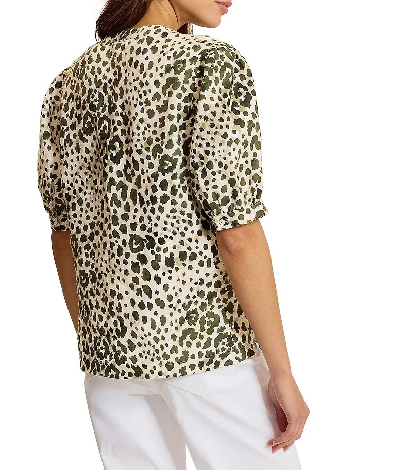 Tommy Bahama Knit Leopard Print Split V-Neck Short Sleeve Blouse