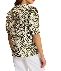Tommy Bahama Knit Leopard Print Split V-Neck Short Sleeve Blouse