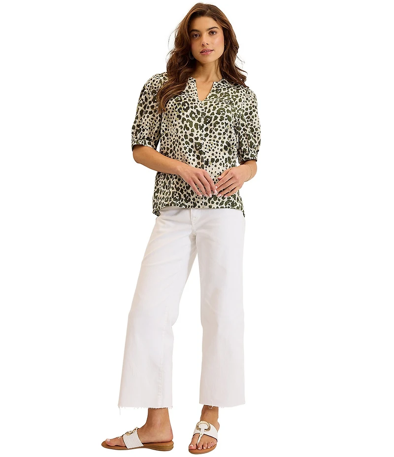 Tommy Bahama Knit Leopard Print Split V-Neck Short Sleeve Blouse