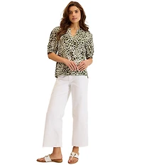 Tommy Bahama Knit Leopard Print Split V-Neck Short Sleeve Blouse