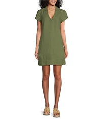 Tommy Bahama Linen Blend Johnny Collar Short Sleeve Side Pocket Shirt Dress