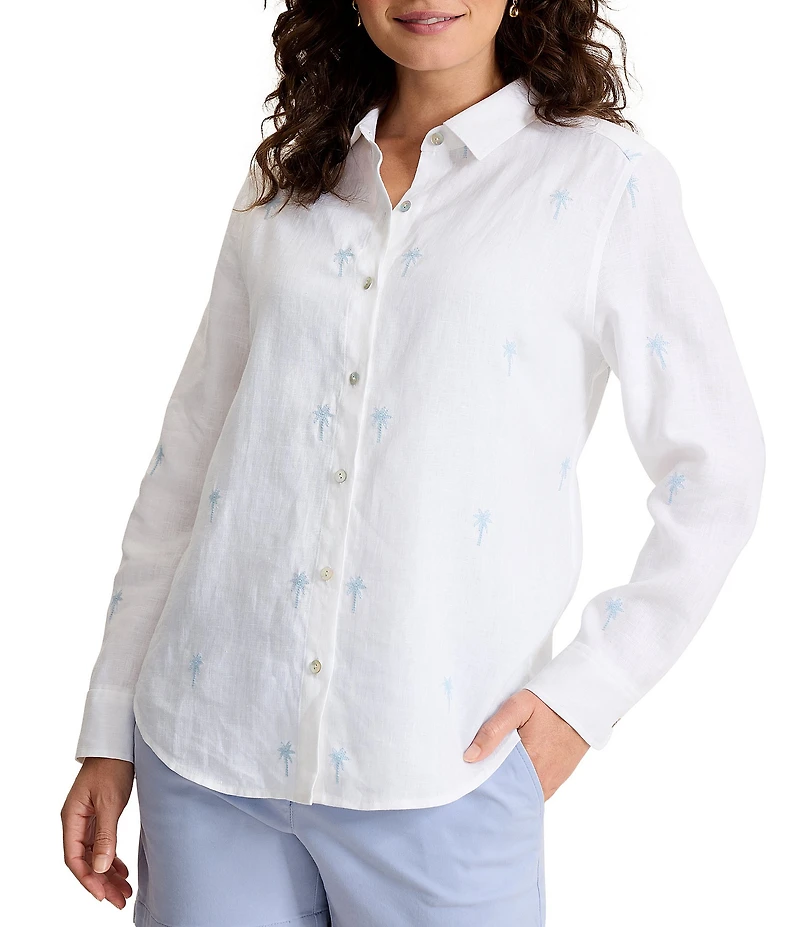 Tommy Bahama Linen Palm Embroidered Point Collar Long Sleeve Button Front Shirt