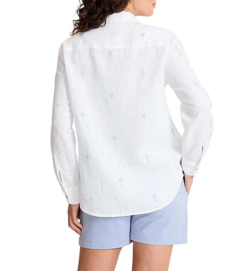 Tommy Bahama Linen Palm Embroidered Point Collar Long Sleeve Button Front Shirt