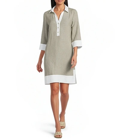 Tommy Bahama Linen Two Palms Colorblock Point Collar 3/4 Sleeve Button Front Shift Dress