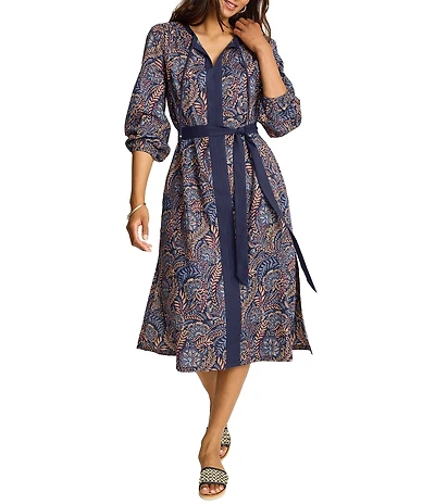 Tommy Bahama Marina Blooms Floral Print Split Neck Long Sleeve Midi Length A-Line Dress