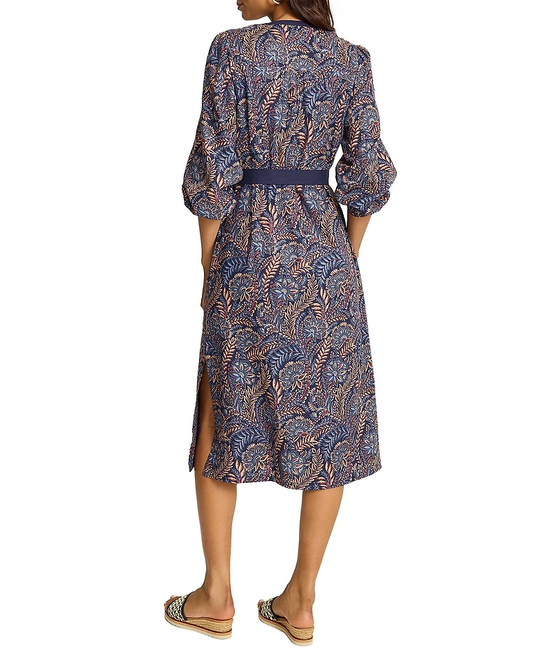Tommy Bahama Marina Blooms Floral Print Split Neck Long Sleeve Midi Length A-Line Dress
