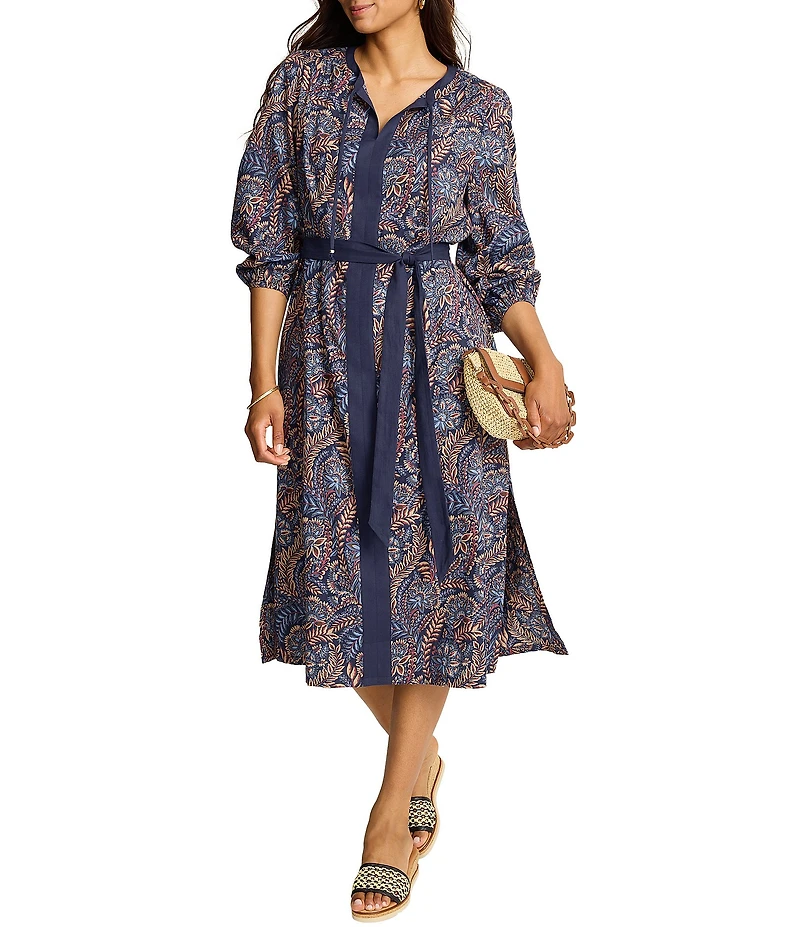 Tommy Bahama Marina Blooms Floral Print Split Neck Long Sleeve Midi Length A-Line Dress