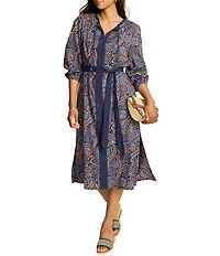 Tommy Bahama Marina Blooms Floral Print Split Neck Long Sleeve Midi Length A-Line Dress
