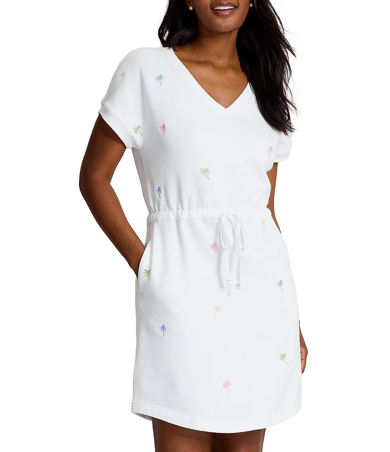 Tommy Bahama Marina Del Mar Palm Tree Cotton V-Neck Short Sleeve Shift Dress