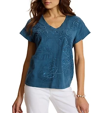 Tommy Bahama Monstera Lux Jersey Floral Embroidered V-Neck Cap Sleeve Tee Top
