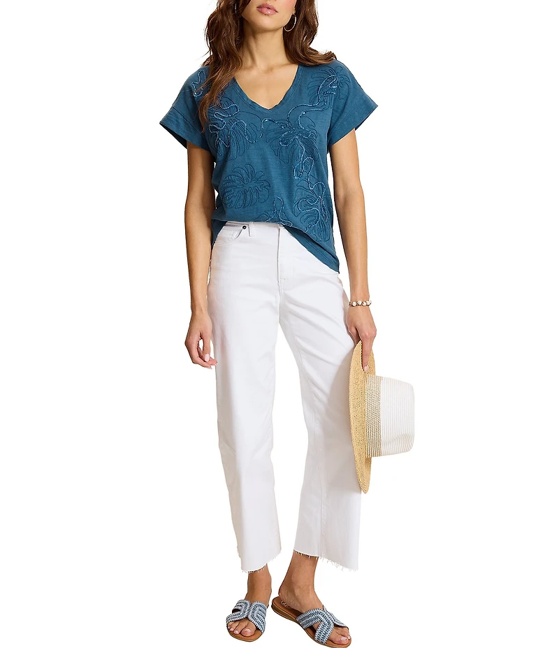 Tommy Bahama Monstera Lux Jersey Floral Embroidered V-Neck Cap Sleeve Tee Top