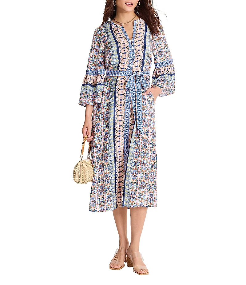 Tommy Bahama Mosaic Cove Viscose Blend V-Neck Bracelet Flared Sleeve A-Line Midi Dress