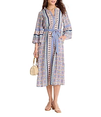 Tommy Bahama Mosaic Cove Viscose Blend V-Neck Bracelet Flared Sleeve A-Line Midi Dress