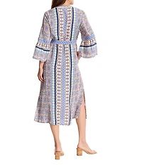 Tommy Bahama Mosaic Cove Viscose Blend V-Neck Bracelet Flared Sleeve A-Line Midi Dress