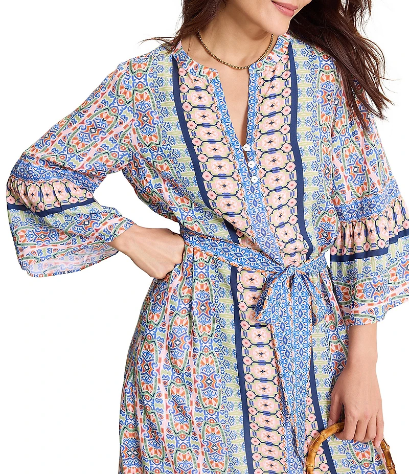 Tommy Bahama Mosaic Cove Viscose Blend V-Neck Bracelet Flared Sleeve A-Line Midi Dress