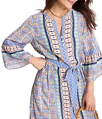 Tommy Bahama Mosaic Cove Viscose Blend V-Neck Bracelet Flared Sleeve A-Line Midi Dress