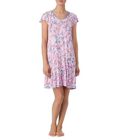Tommy Bahama Multi Floral Print Cap Sleeve Round Neck Knit Short Nightgown