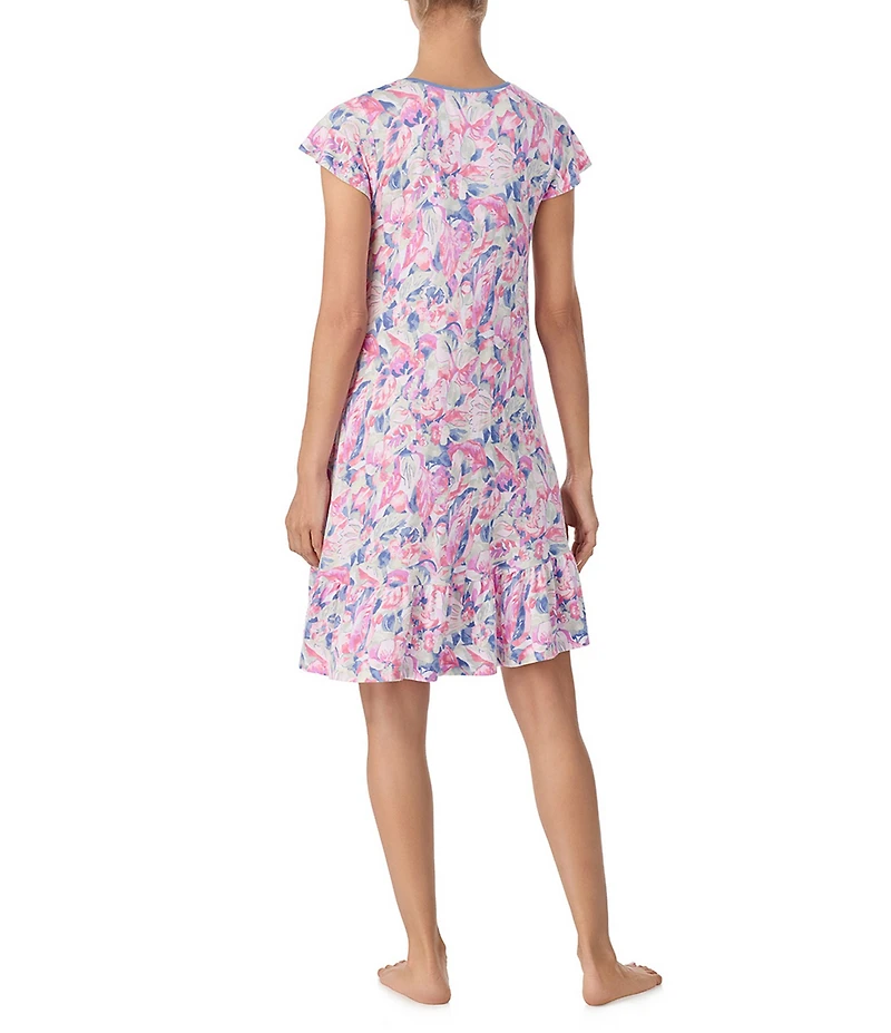 Tommy Bahama Multi Floral Print Cap Sleeve Round Neck Knit Short Nightgown