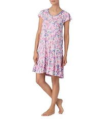 Tommy Bahama Multi Floral Print Cap Sleeve Round Neck Knit Short Nightgown