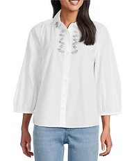 Tommy Bahama Oceana Isle Cotton Poplin 3/4 Puff Sleeve Embellished Button-Front Shirt