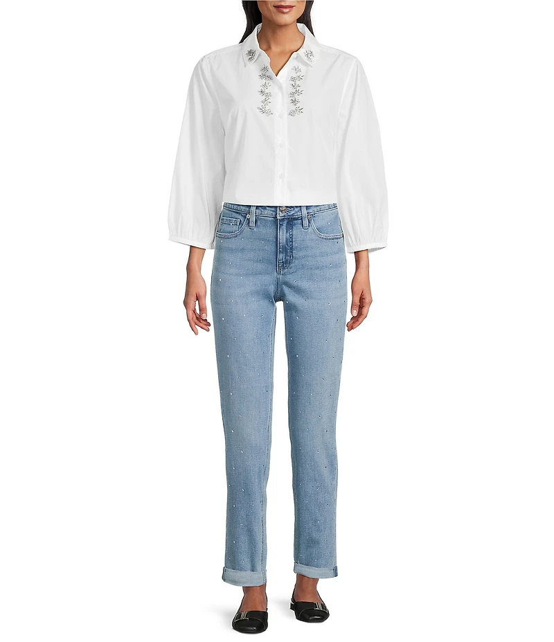 Tommy Bahama Oceana Isle Cotton Poplin 3/4 Puff Sleeve Embellished Button-Front Shirt