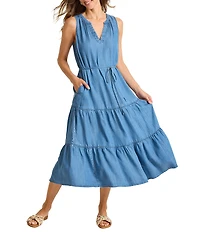 Tommy Bahama O'LEI Chambray V-Neck Sleeveless Tiered A-Line Midi Sundress