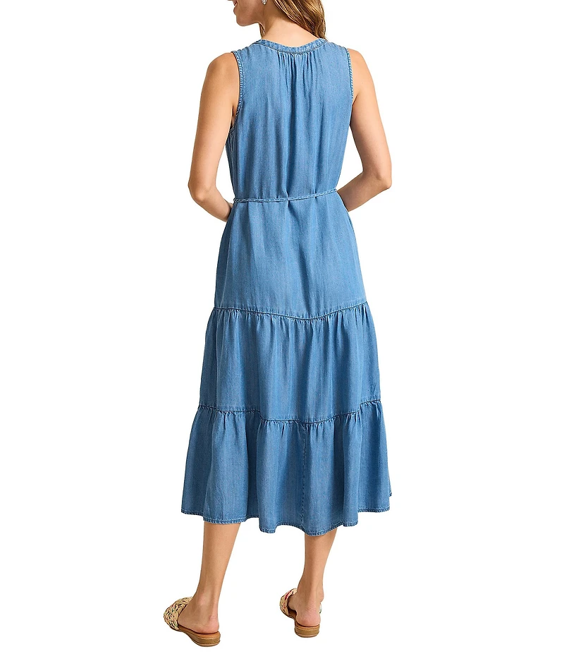 Tommy Bahama O'LEI Chambray V-Neck Sleeveless Tiered A-Line Midi Sundress