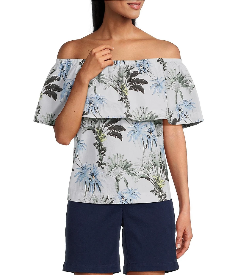 Tommy Bahama Palisade Tropical Palm Poplin Plain Weave Off-The-Shoulder Ruffle Top