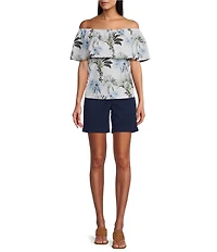 Tommy Bahama Palisade Tropical Palm Poplin Plain Weave Off-The-Shoulder Ruffle Top