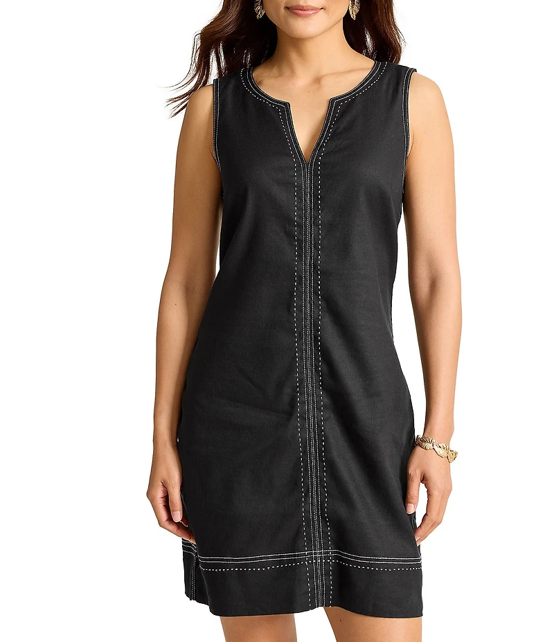 Tommy Bahama Palm-A-Dora Linen Blend Twill Split Neck Sheath Dress