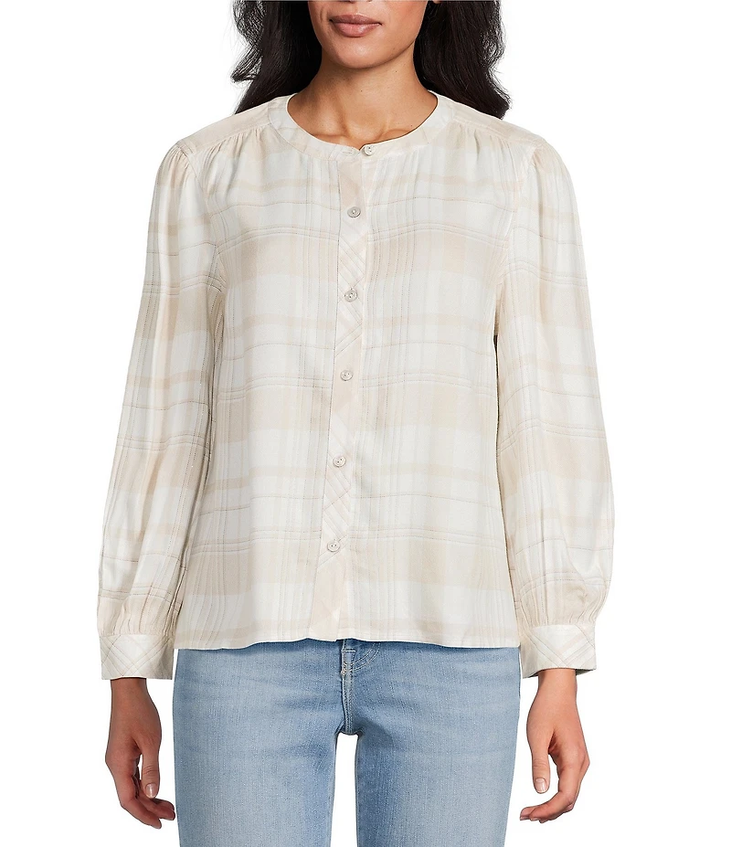 Tommy Bahama Pearl Beach Flannel Twill Collarless Long Sleeve Button Front Blouse