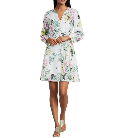Tommy Bahama Petal Of Luxury Linen V-Neck Long Voluminous Sleeve Fit And Flare Dress