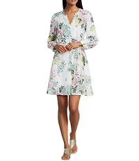 Tommy Bahama Petal Of Luxury Linen V-Neck Long Voluminous Sleeve Fit And Flare Dress