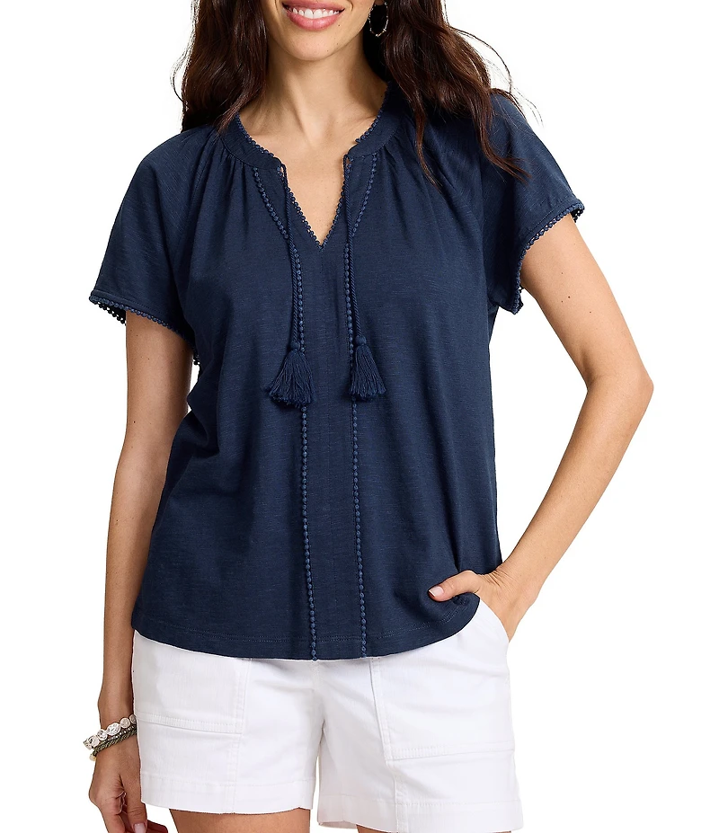 Tommy Bahama Pom Pom Trim V-Neck Short Sleeve Top