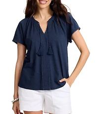 Tommy Bahama Pom Pom Trim V-Neck Short Sleeve Top