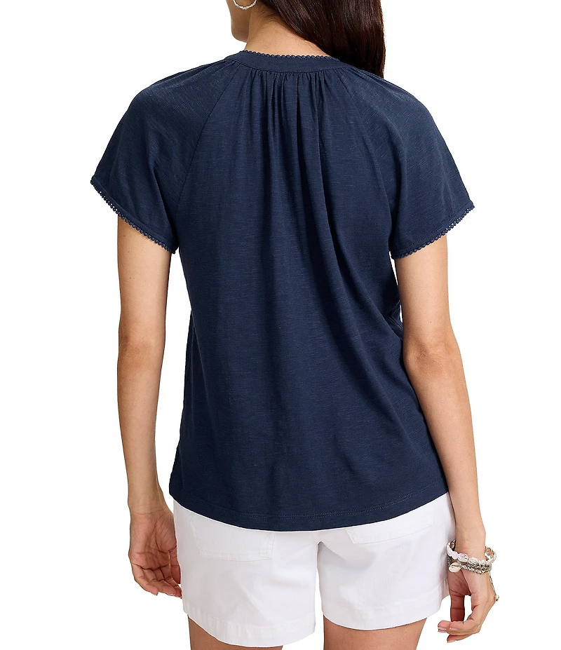 Tommy Bahama Pom Pom Trim V-Neck Short Sleeve Top