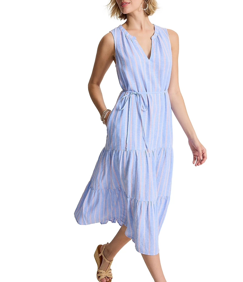 Tommy Bahama Sea Salt Linen Blend Stripe V-Neck Sleeveless Maxi Sundress