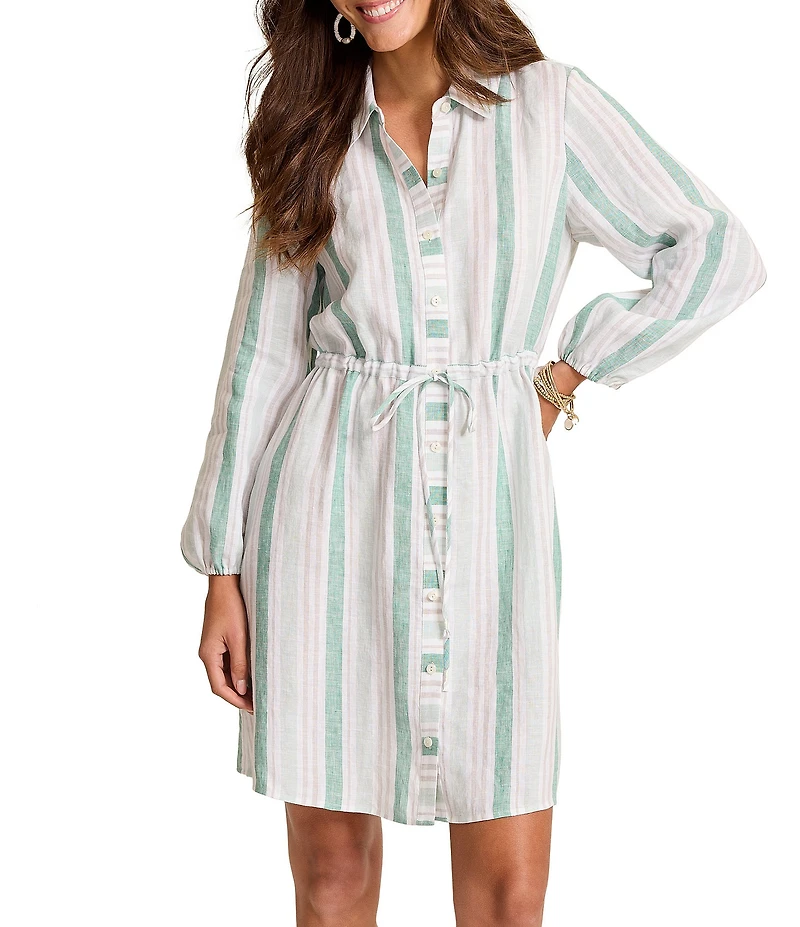 Tommy Bahama Seaside Cove Linen Yarn Dyed Stripe Point Collar Long Sleeve Button Front Shirt Dress