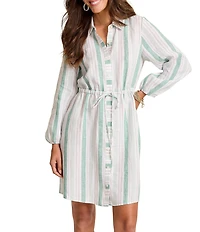 Tommy Bahama Seaside Cove Linen Yarn Dyed Stripe Point Collar Long Sleeve Button Front Shirt Dress