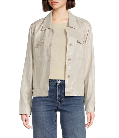Tommy Bahama Shimmer Foil Printed Two Palm Clean Linen Notch Collar Long Sleeve Button Front Jacket