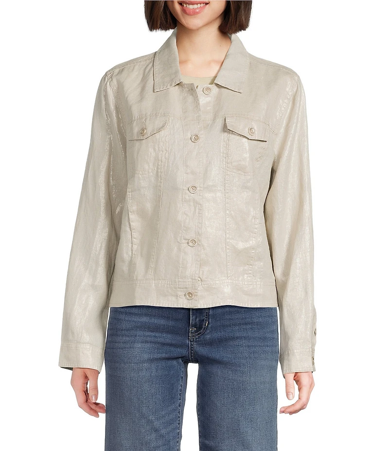 Tommy Bahama Shimmer Foil Printed Two Palm Clean Linen Notch Collar Long Sleeve Button Front Jacket