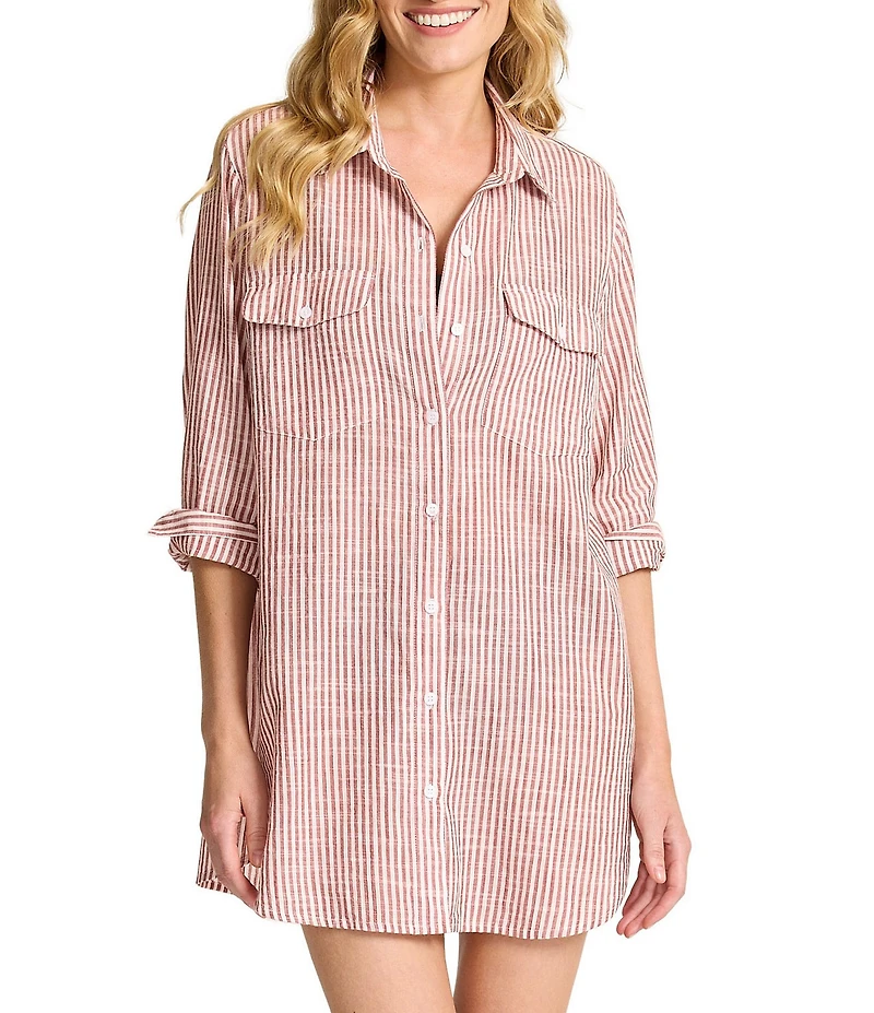Tommy Bahama Shore Stripe Point Collar Flap Pocket Button Front Swim Shirt Cover-Up