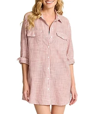Tommy Bahama Shore Stripe Point Collar Flap Pocket Button Front Swim Shirt Cover-Up