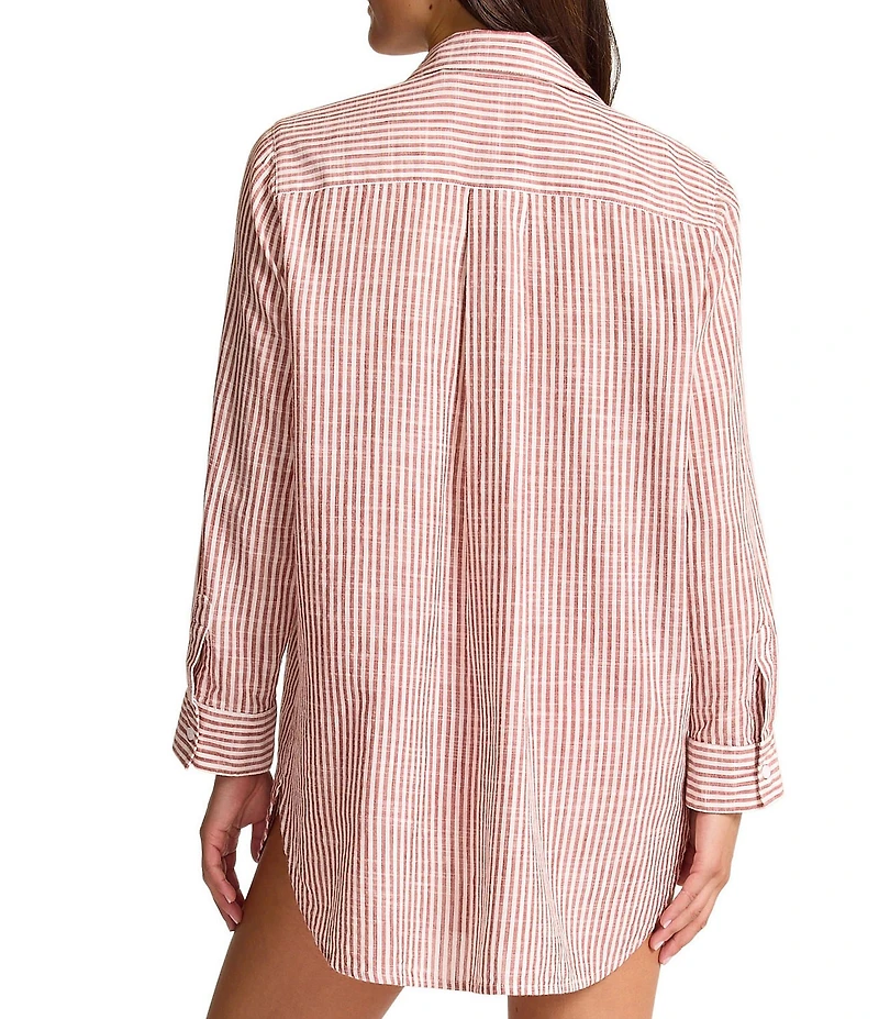 Tommy Bahama Shore Stripe Point Collar Flap Pocket Button Front Swim Shirt Cover-Up