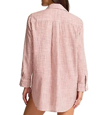 Tommy Bahama Shore Stripe Point Collar Flap Pocket Button Front Swim Shirt Cover-Up