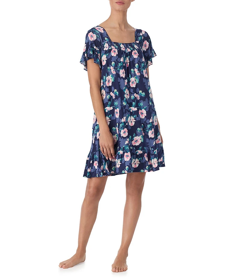 Tommy Bahama Short Flutter Sleeve Square Neck Floral Jersey Knit Sleepshirt