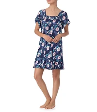 Tommy Bahama Short Flutter Sleeve Square Neck Floral Jersey Knit Sleepshirt