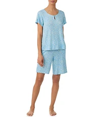 Tommy Bahama Short Sleeve Round Keyhole Neck Jersey Knit Tile Print Bermuda Set