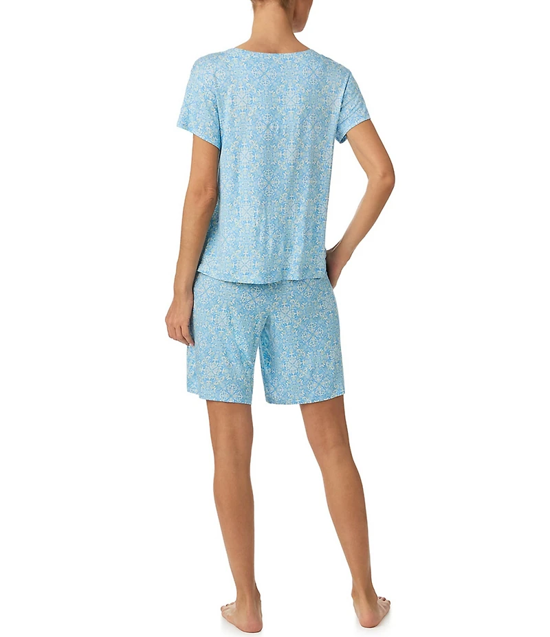 Tommy Bahama Short Sleeve Round Keyhole Neck Jersey Knit Tile Print Bermuda Set